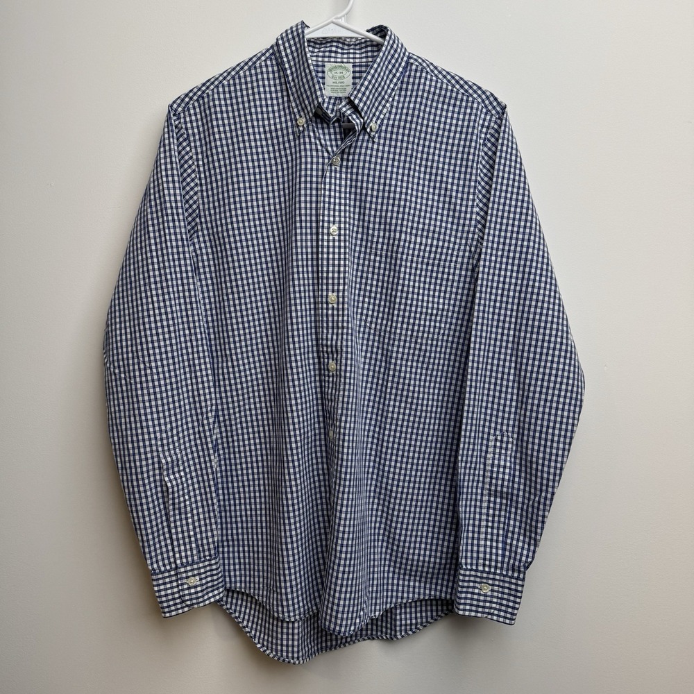 Brooks Brothers Men's Milano Fit Shirt 15-34Long Sleeve‎  Blue Plaid Polo Cotton